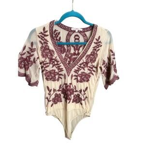 Bailey Rose Embroidered Bodysuit Boho V Neck Sz S Floral Western Sheer Cocktail